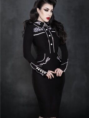 Black Long-Sleeve Fitted Dress with White Trim and Embroidery